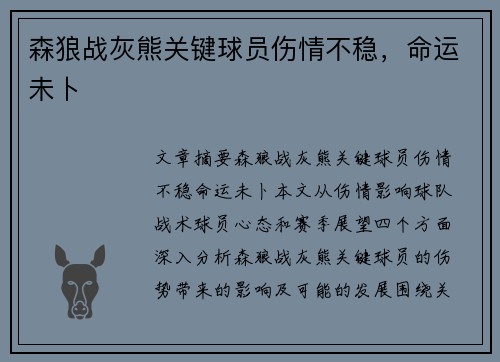 森狼战灰熊关键球员伤情不稳，命运未卜